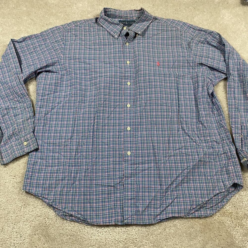 Polo Ralph Lauren Shirt Mens 2XL Blue Plaid Long Sleeve Button Down Classic Pony
